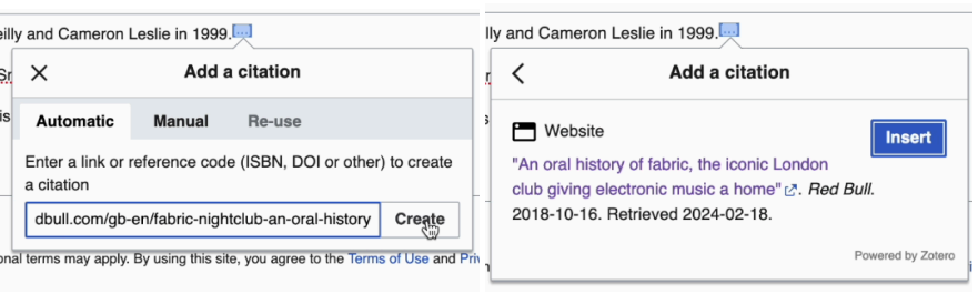 Add a citation dialog: Automatic tab with a URL pasted, then the generated website citation ready to insert