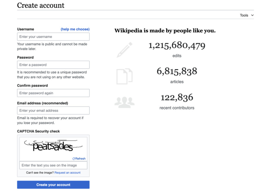 Wikipedia create account form