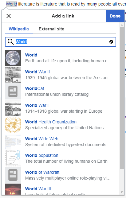 Link dialog showing article suggestions