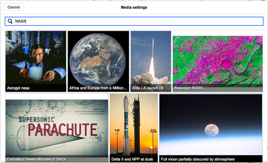Images and media dialog searching Wikimedia Commons