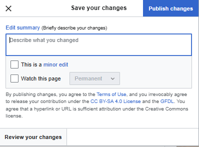 Publish changes dialog with edit summary field